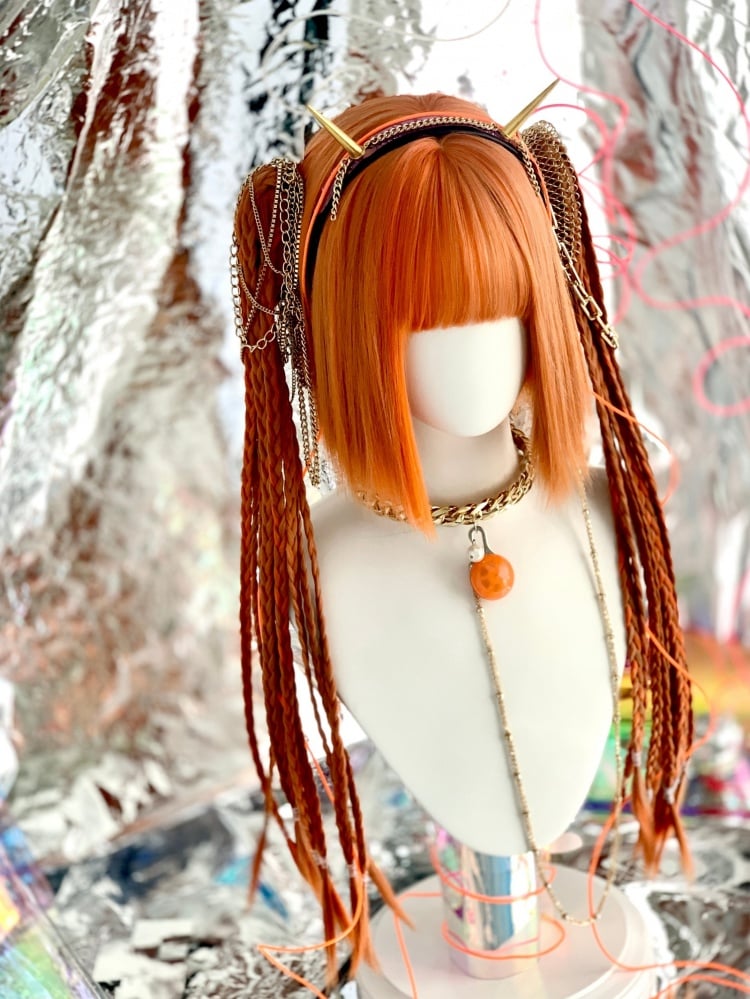 Orange Chin Bob Cut Wig with Braids Jaw Clips