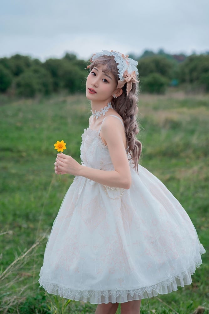 White Day Moon Print Big Bow Ruffle Trim Jumper Skirt