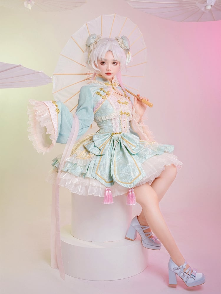 Light Green and Pink Detachable Collar Qi Tiered Ruffles Jumper Skirt - Sukuroi