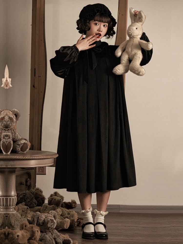 Winona Red/Black Velvet and Corduroy Ruffle Neckline Long Balloon Sleeves One Piece