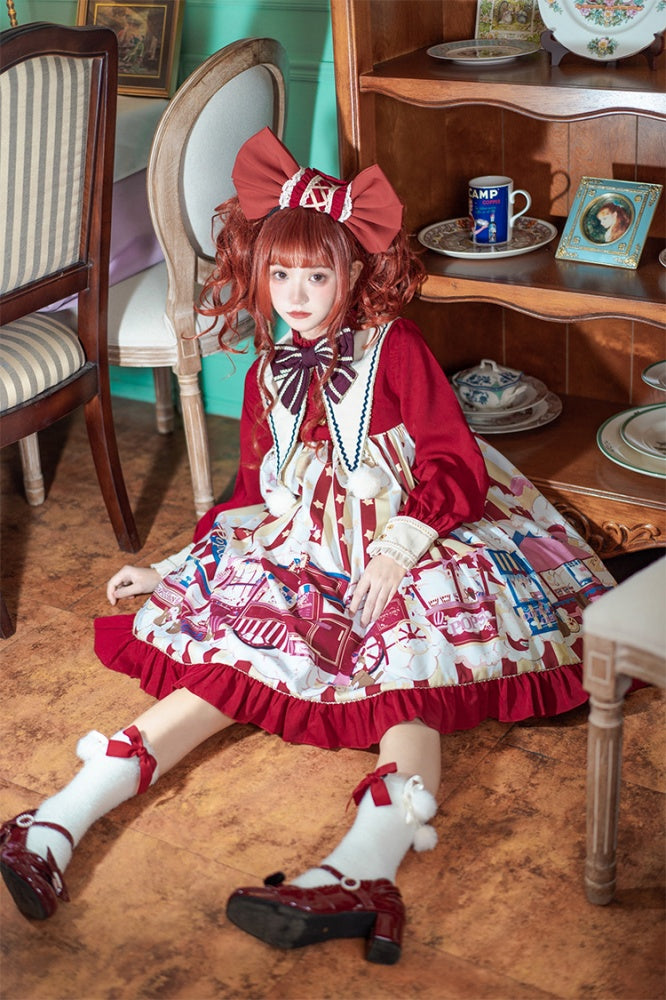Popcorn and Star Pattern Print Pointed Collar One Piece Red and Yellow