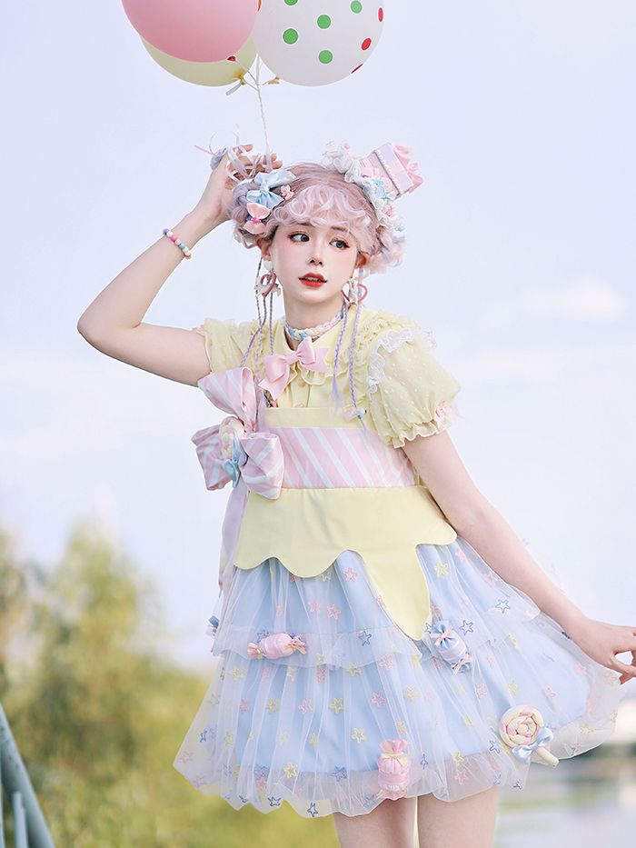 Rainbow Candy Stars Print Lollipop Design Lolita JSK+Brooches+Big Bow Train Set