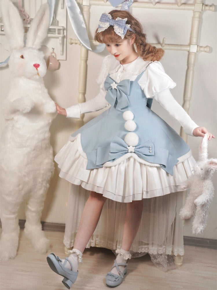 Winter Fairy Tale White and Blue Pompons Bowknot Details Jumper Skirt