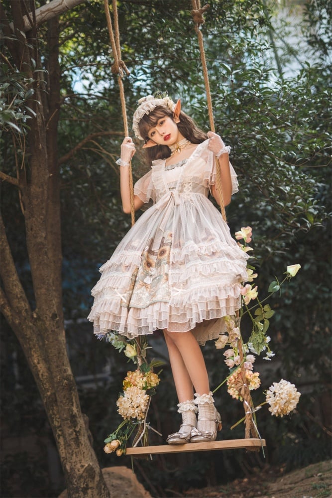 Sunflowers and Bunny Print Spring Jumper Skirt Tulle Overdress Set