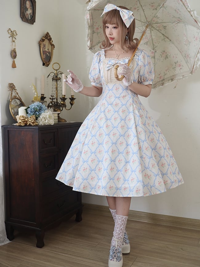 White Rose Bowknot Print Square Neckline One Piece