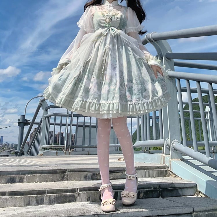 Swan Castle Print Green Qi Style Jumper Skirt/Full Set Embroidery Ruffle Hem