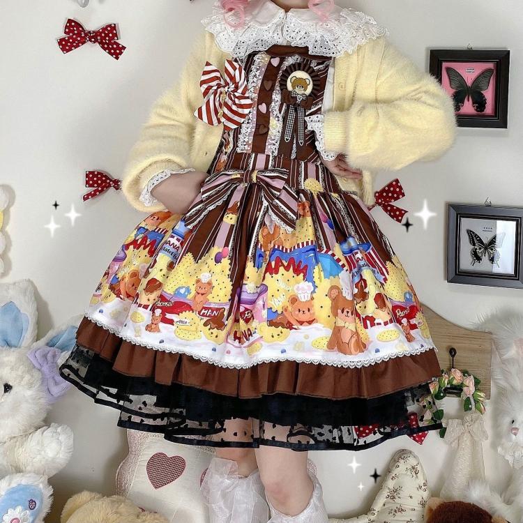 Little Bear and Pot Built-in Petticoat Bear and Biscuit Print Overalls