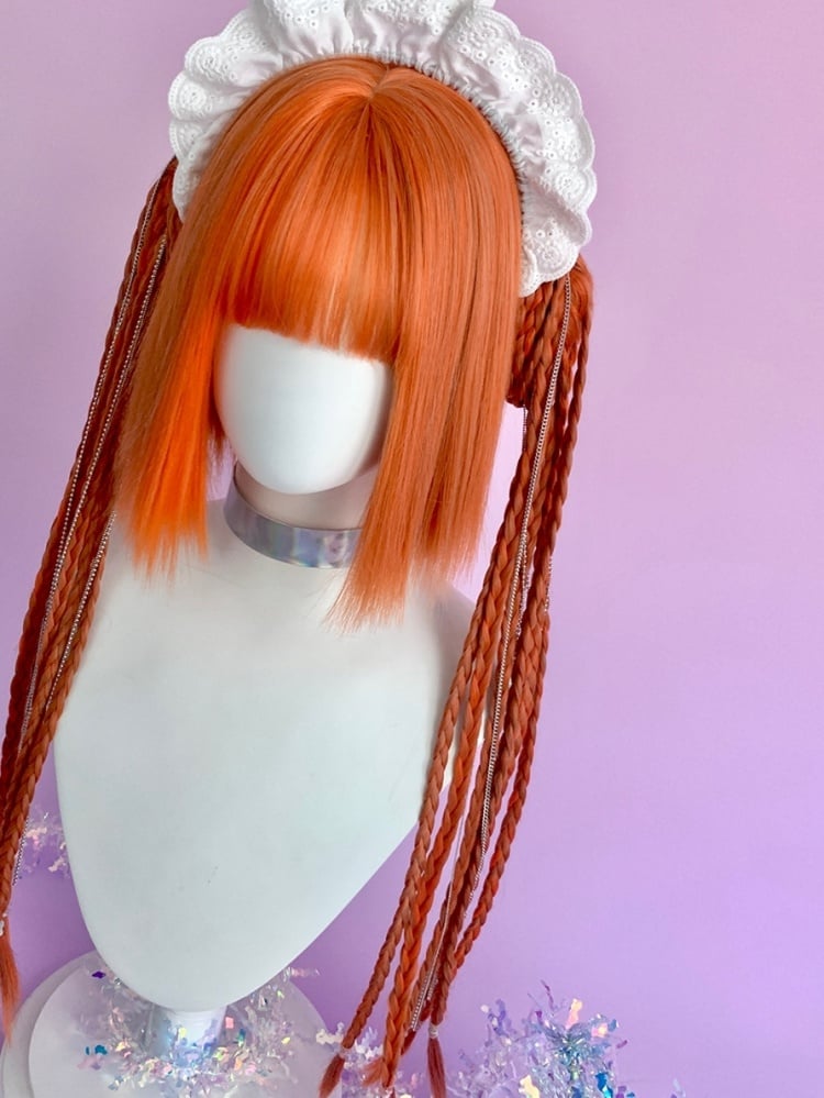 Orange Chin Bob Cut Wig with Ponytail and Braids Jaw Clips