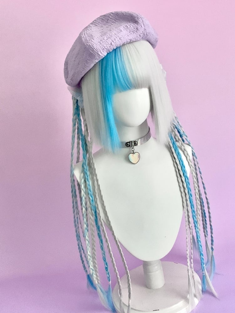 White and Blue Highlight Color Chin Bob Cut Wig with Ponytail and Braids Jaw Clips