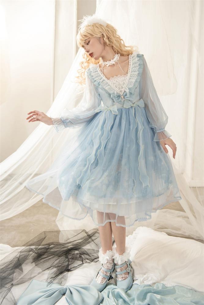 Sweet Bowknot Details Ruffle Neckline Beads Halter Neck Long Sleeves One Piece