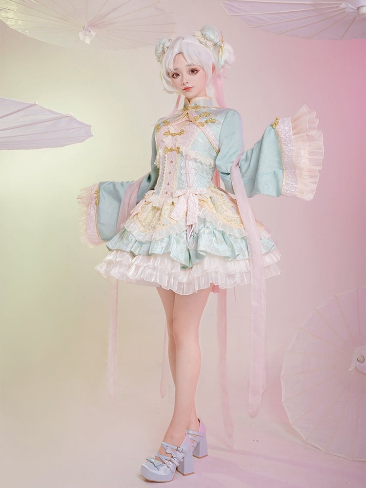 Light Green and Pink Detachable Collar Qi Tiered Ruffles Jumper Skirt - Sukuroi