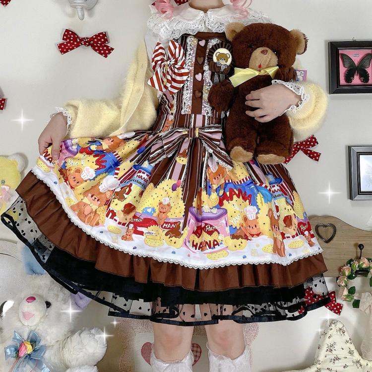 Little Bear and Pot Built-in Petticoat Bear and Biscuit Print Overalls