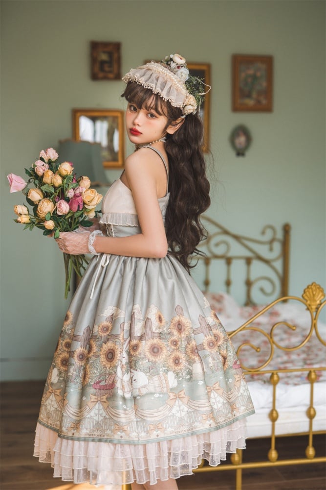 Sunflowers and Bunny Print Spring Jumper Skirt Tulle Overdress Set