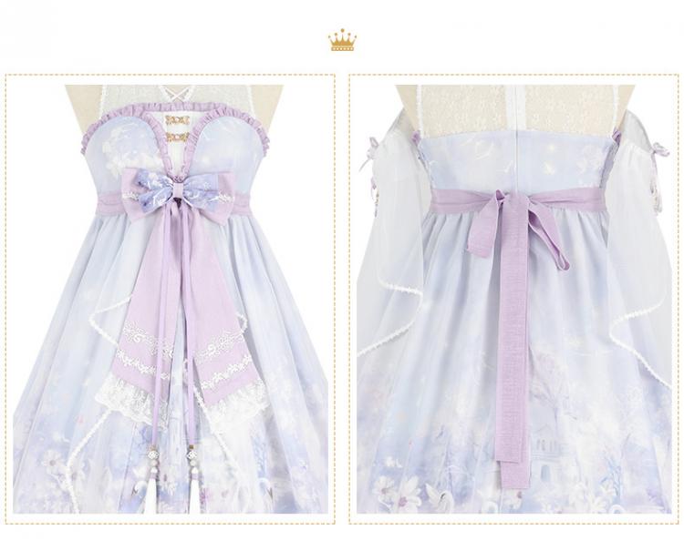 Purple Swan Castle Floral Print Banded Collar Ruffle Hemline Lolita JSK