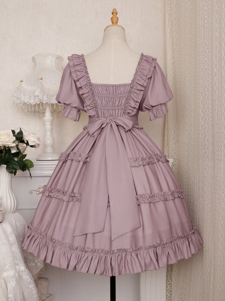 Square Neckline Smocked Elastic Front Bodice Ruffle Hemline Long/Short Sleeves Lolita OP
