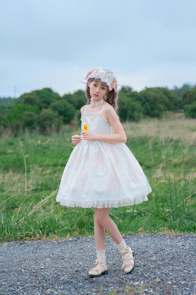 White Day Moon Print Big Bow Ruffle Trim Jumper Skirt