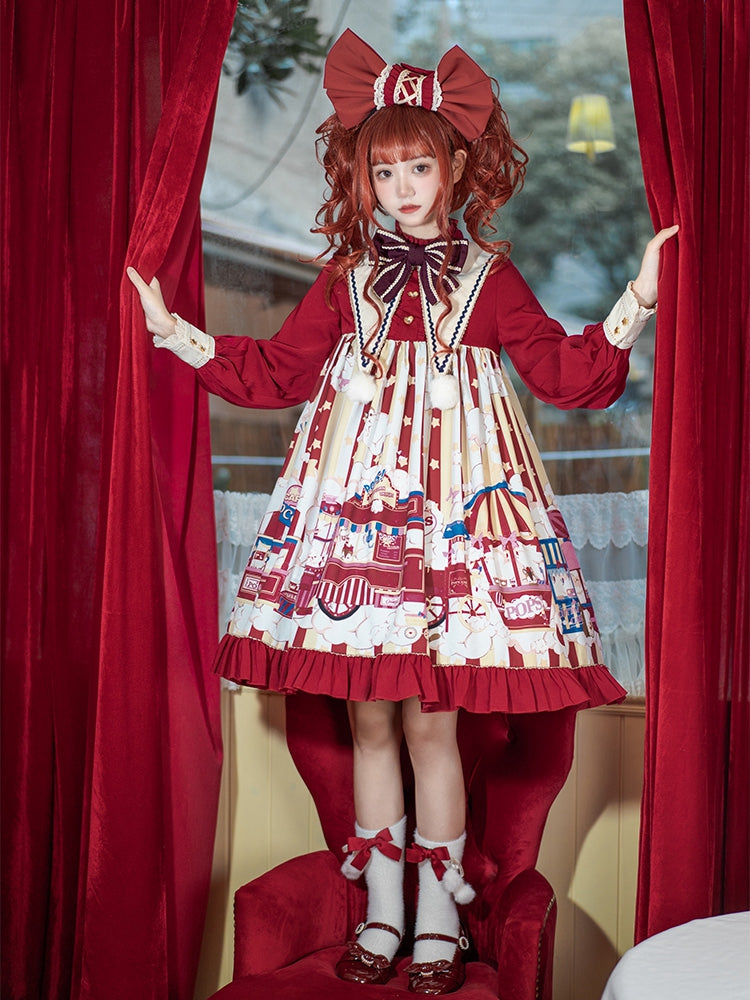 Popcorn and Star Pattern Print Pointed Collar One Piece Red and Yellow