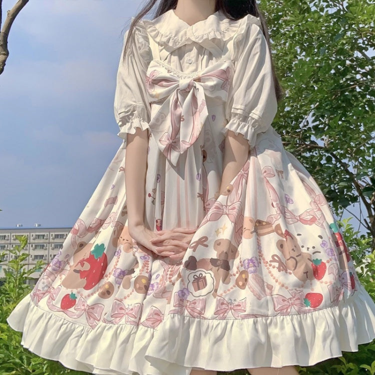 White Bear Print Halter Neck Ruffle Hemline Jumper Skirt