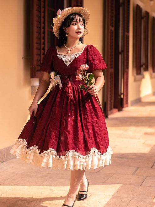 Tulip 1.0 Tiered Skirt and Ruffle Trim Short Sleeves One Piece Version A (Lace Applique Neckline)/Version B