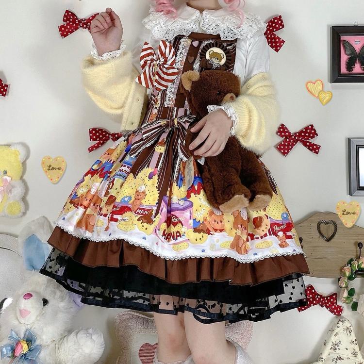 Little Bear and Pot Built-in Petticoat Bear and Biscuit Print Overalls