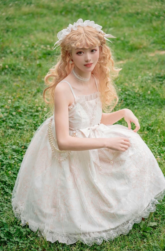 White Day Moon Print Big Bow Ruffle Trim Jumper Skirt