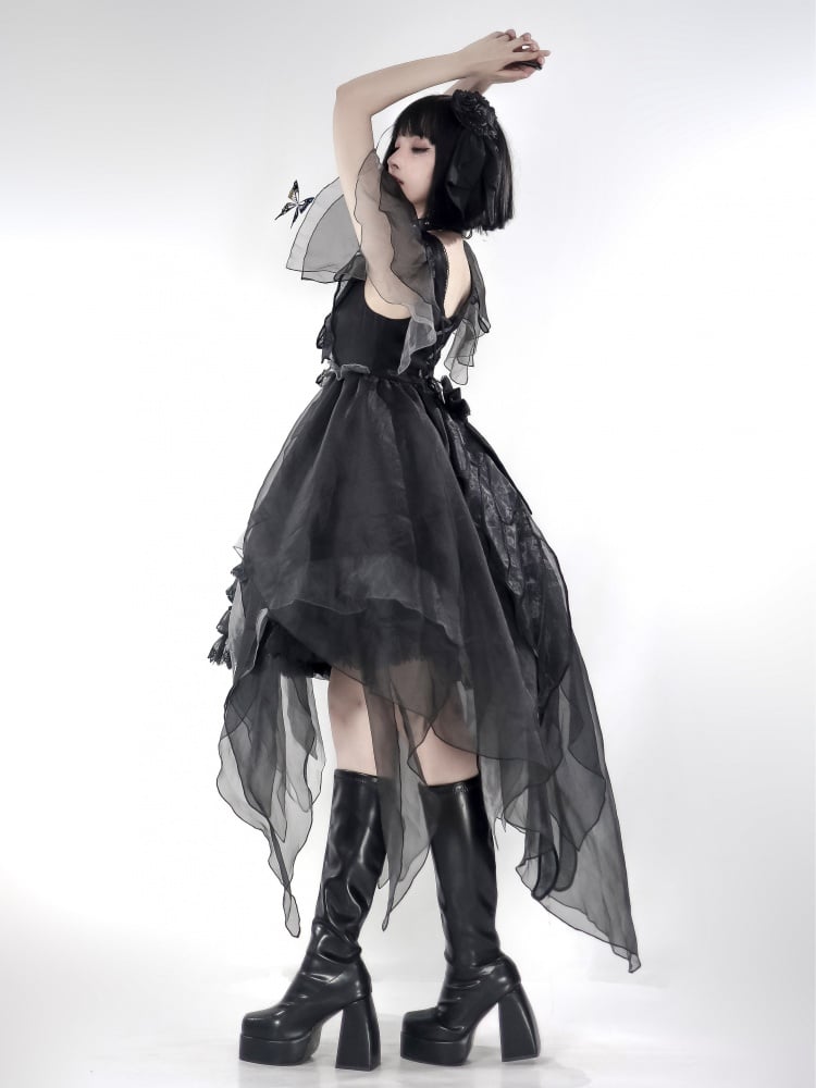 Twin Butterfly Black Square Neckline Handkerchief Hem Jumper Skirt