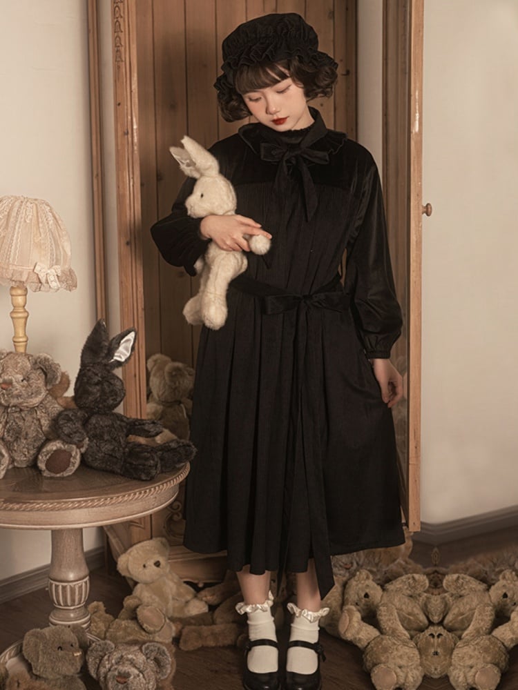 Winona Red/Black Velvet and Corduroy Ruffle Neckline Long Balloon Sleeves One Piece