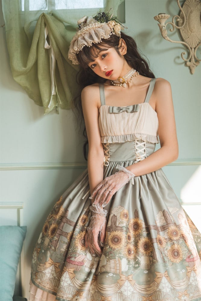 Sunflowers and Bunny Print Spring Jumper Skirt Tulle Overdress Set