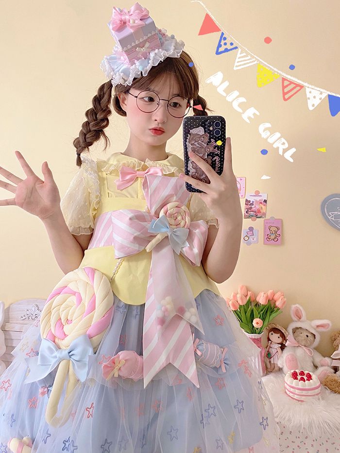 Rainbow Candy Stars Print Lollipop Design Lolita JSK+Brooches+Big Bow Train Set