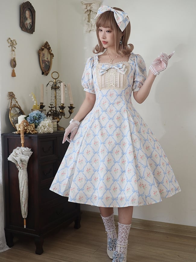 White Rose Bowknot Print Square Neckline One Piece