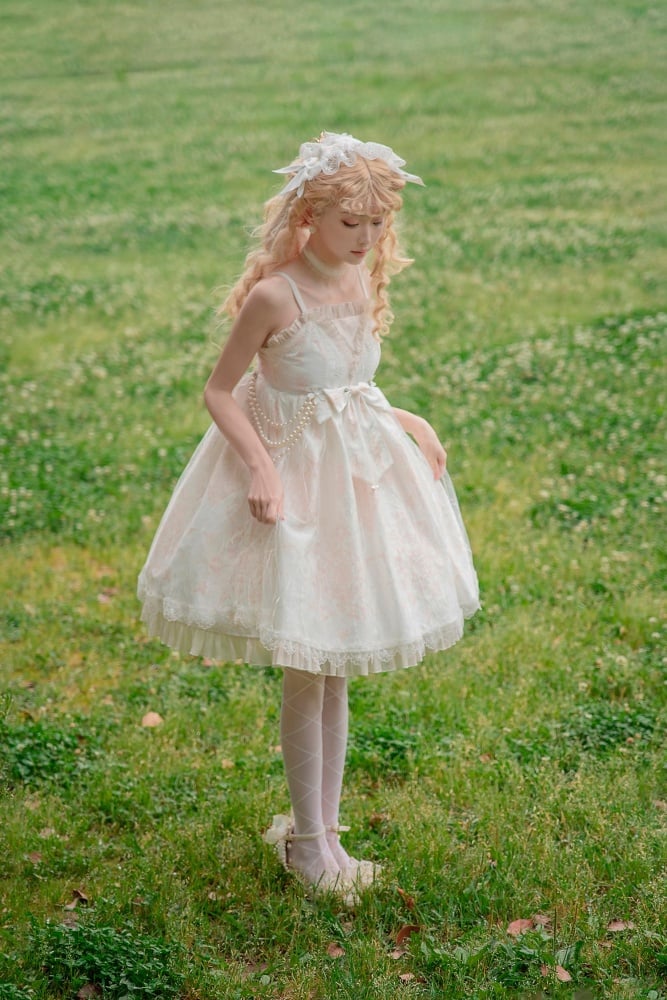 White Day Moon Print Big Bow Ruffle Trim Jumper Skirt