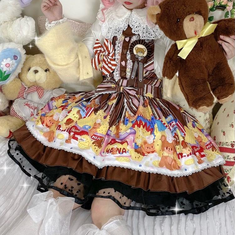 Little Bear and Pot Built-in Petticoat Bear and Biscuit Print Overalls