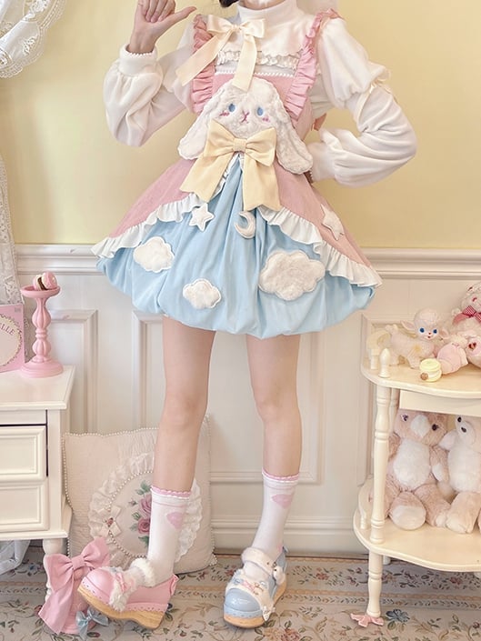Sleepy Rabbit Corduroy Bunny Embroidery Applique Bodice Bubble Skirt Lolita JSK