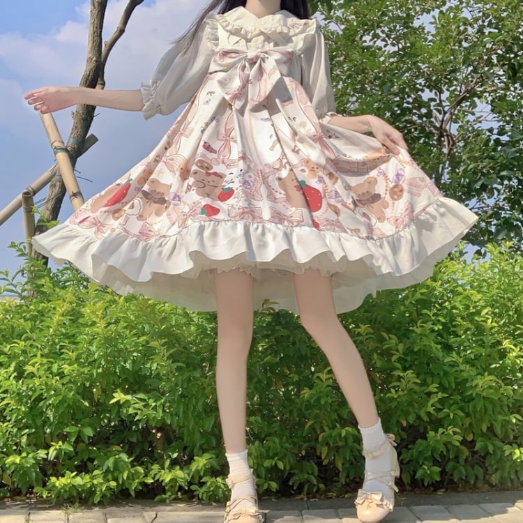 White Bear Print Halter Neck Ruffle Hemline Jumper Skirt