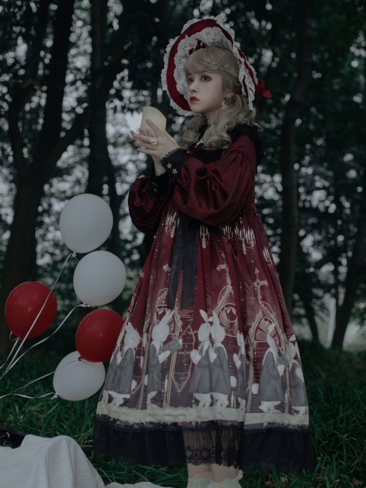 Holy Prayer Color Red Bunny Print Ruffle Round Neck Lace Hemline One Piece