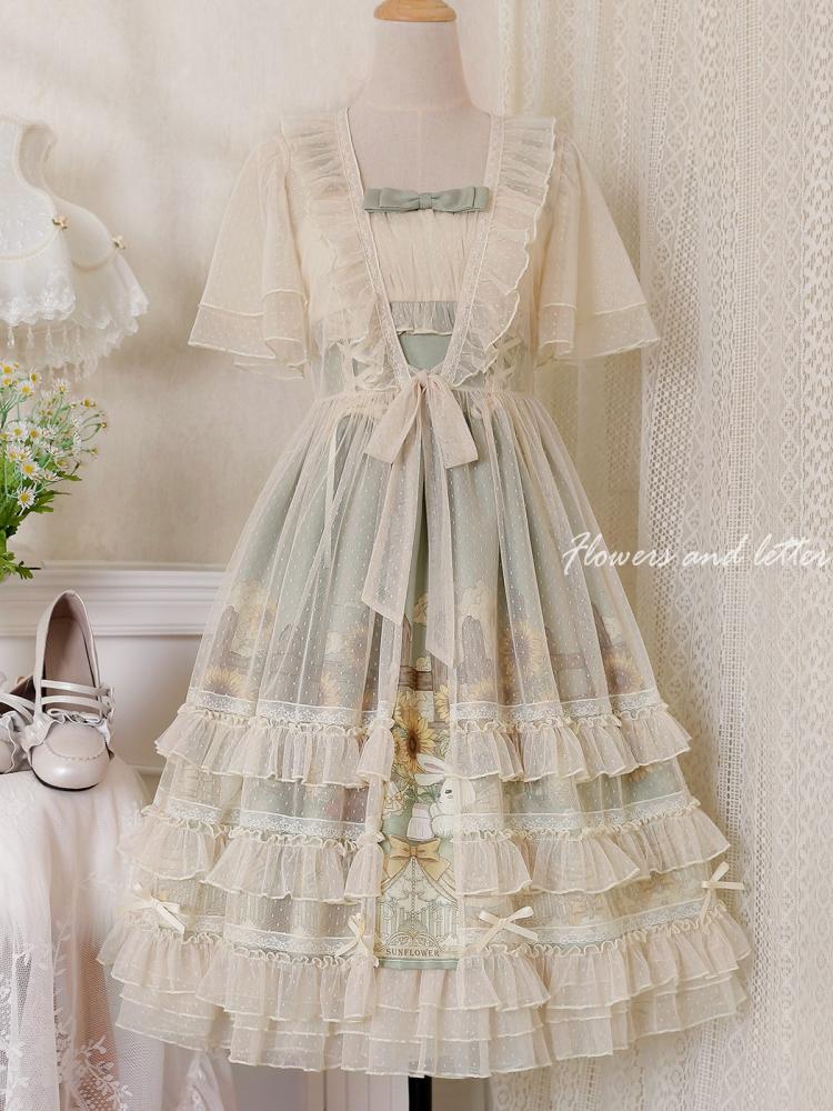 Sunflowers and Bunny Print Spring Jumper Skirt Tulle Overdress Set