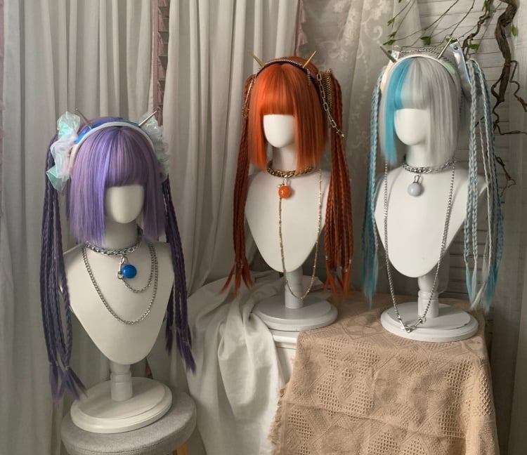 Orange Chin Bob Cut Wig with Ponytail and Braids Jaw Clips