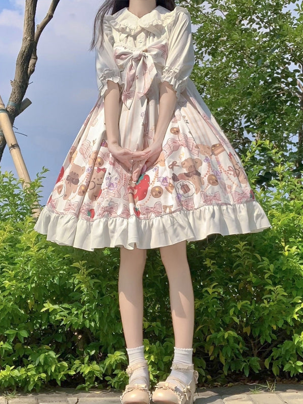 White Bear Print Halter Neck Ruffle Hemline Jumper Skirt