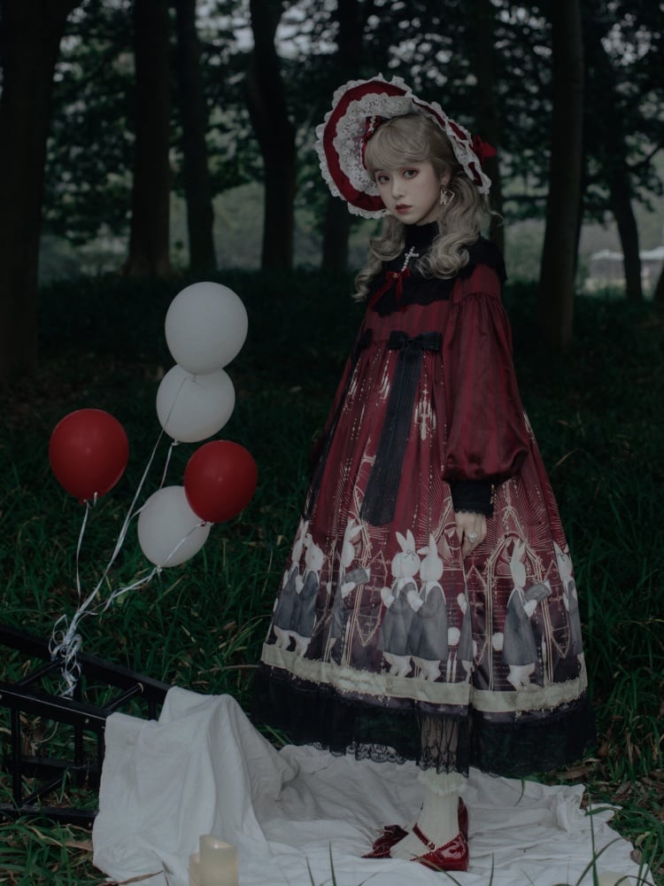 Holy Prayer Color Red Bunny Print Ruffle Round Neck Lace Hemline One Piece