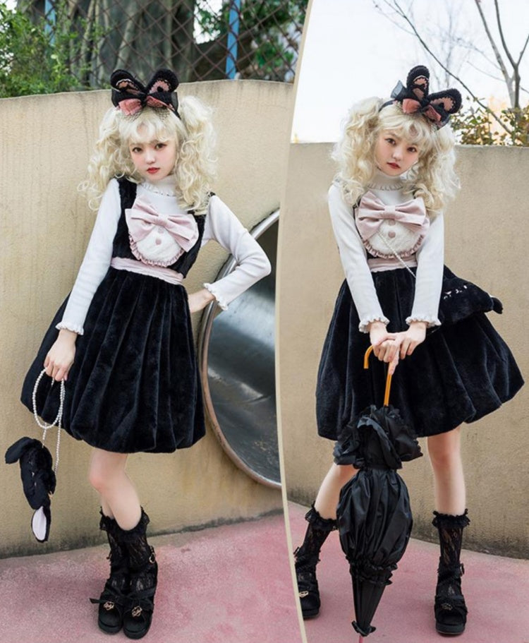 Little Sweet Bean Color Black and Pink Square Neckline Bubble Skirt Jumper Skirt