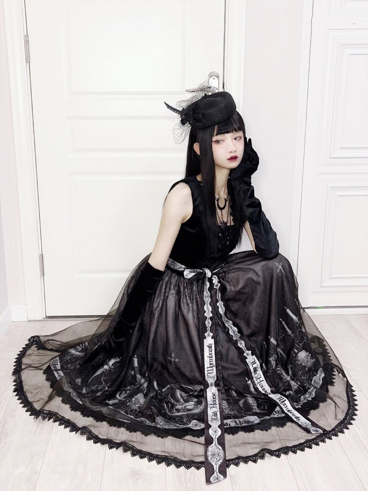 Black gothic jumper skirt with dragon print styled for women