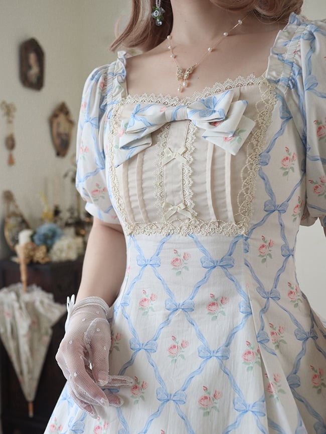 White Rose Bowknot Print Square Neckline One Piece