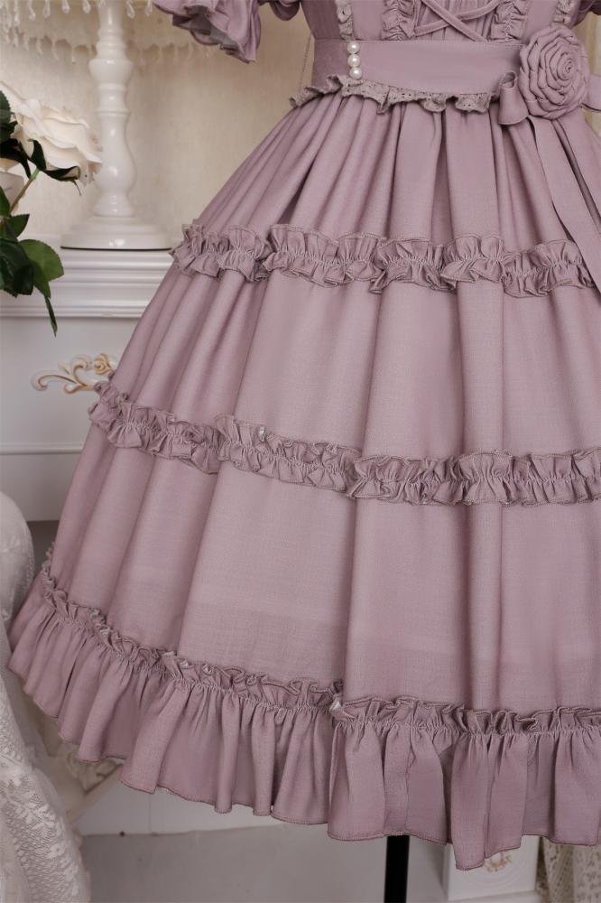 Square Neckline Smocked Elastic Front Bodice Ruffle Hemline Long/Short Sleeves Lolita OP