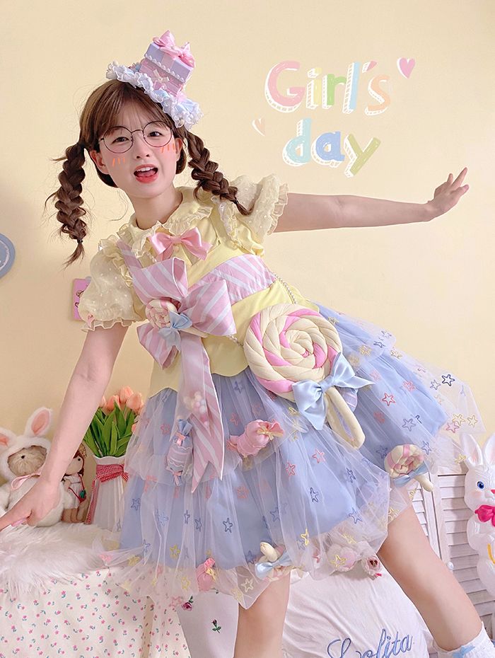Rainbow Candy Stars Print Lollipop Design Lolita JSK+Brooches+Big Bow Train Set