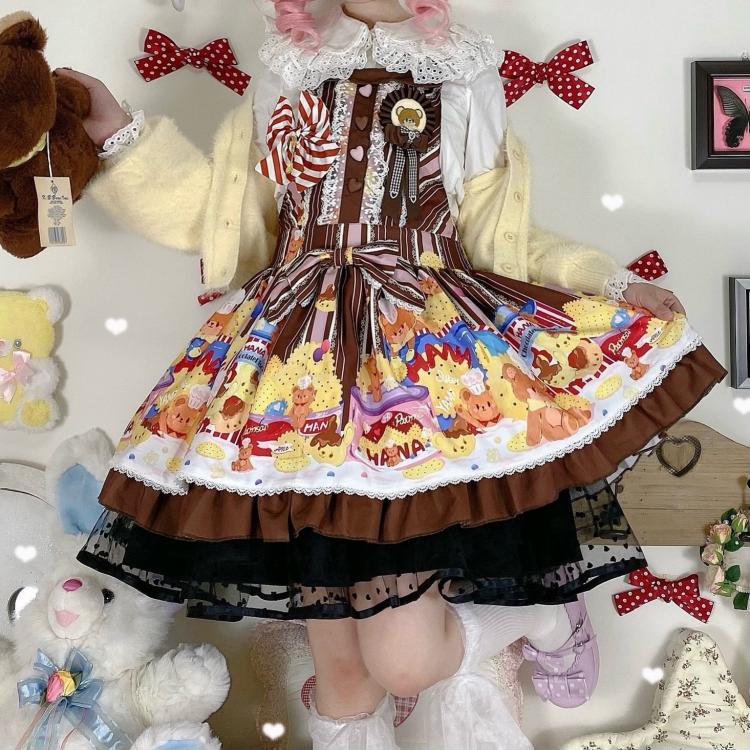 Little Bear and Pot Built-in Petticoat Bear and Biscuit Print Overalls