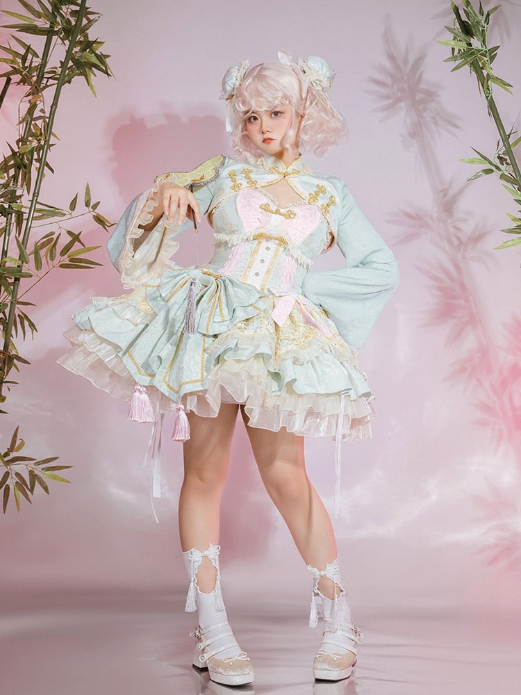Light Green and Pink Detachable Collar Qi Tiered Ruffles Jumper Skirt - Sukuroi