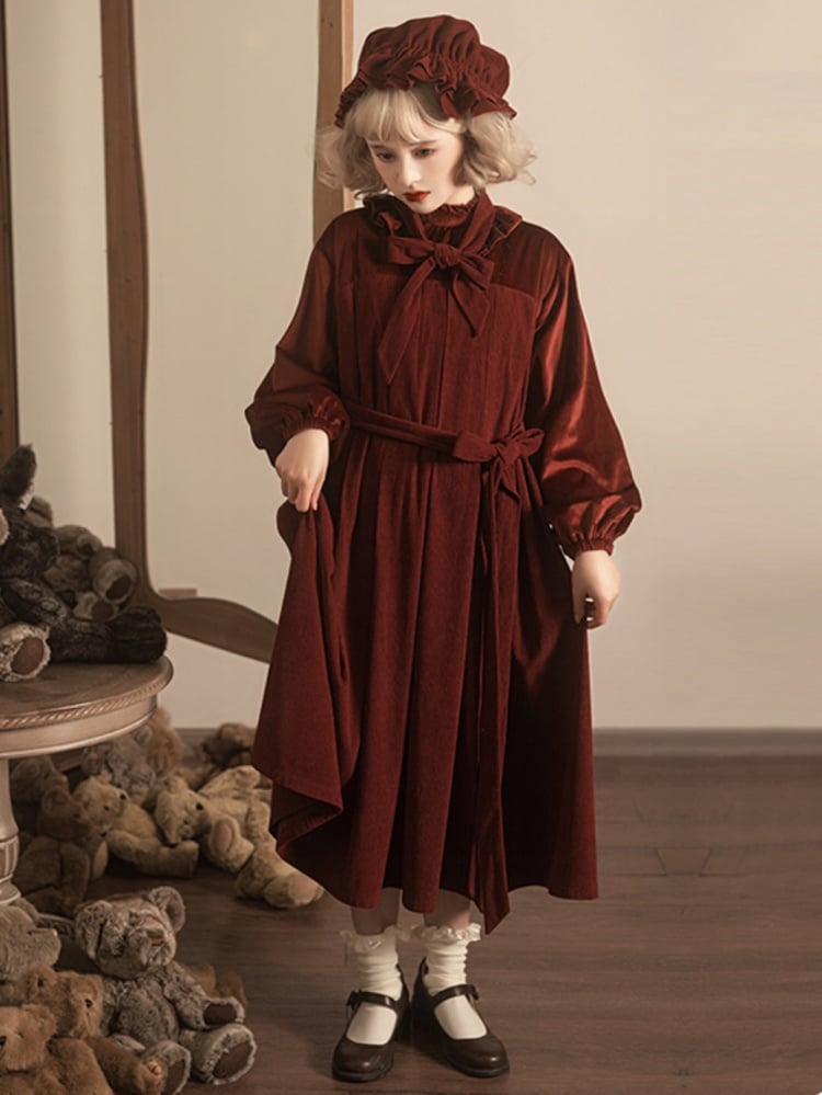 Winona Red/Black Velvet and Corduroy Ruffle Neckline Long Balloon Sleeves One Piece
