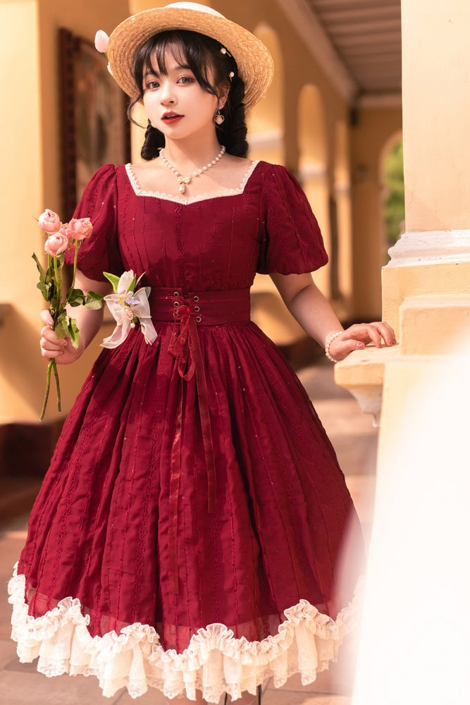 Tulip 1.0 Tiered Skirt and Ruffle Trim Short Sleeves One Piece Version A (Lace Applique Neckline)/Version B