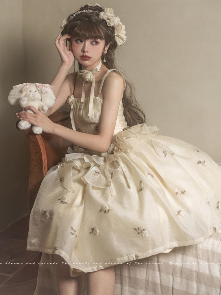 Light Yellow Floral Pattern Boned Bodice Jumper Skirt with Rosette Brooches Long Version