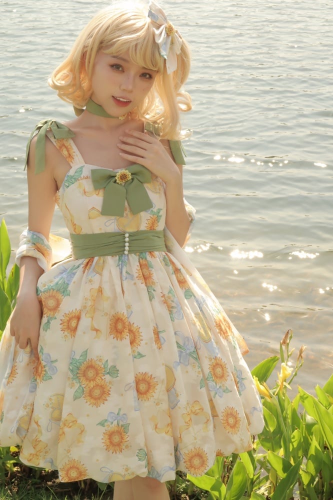 Sunflowers Print Bubble Skirt Summer Dress